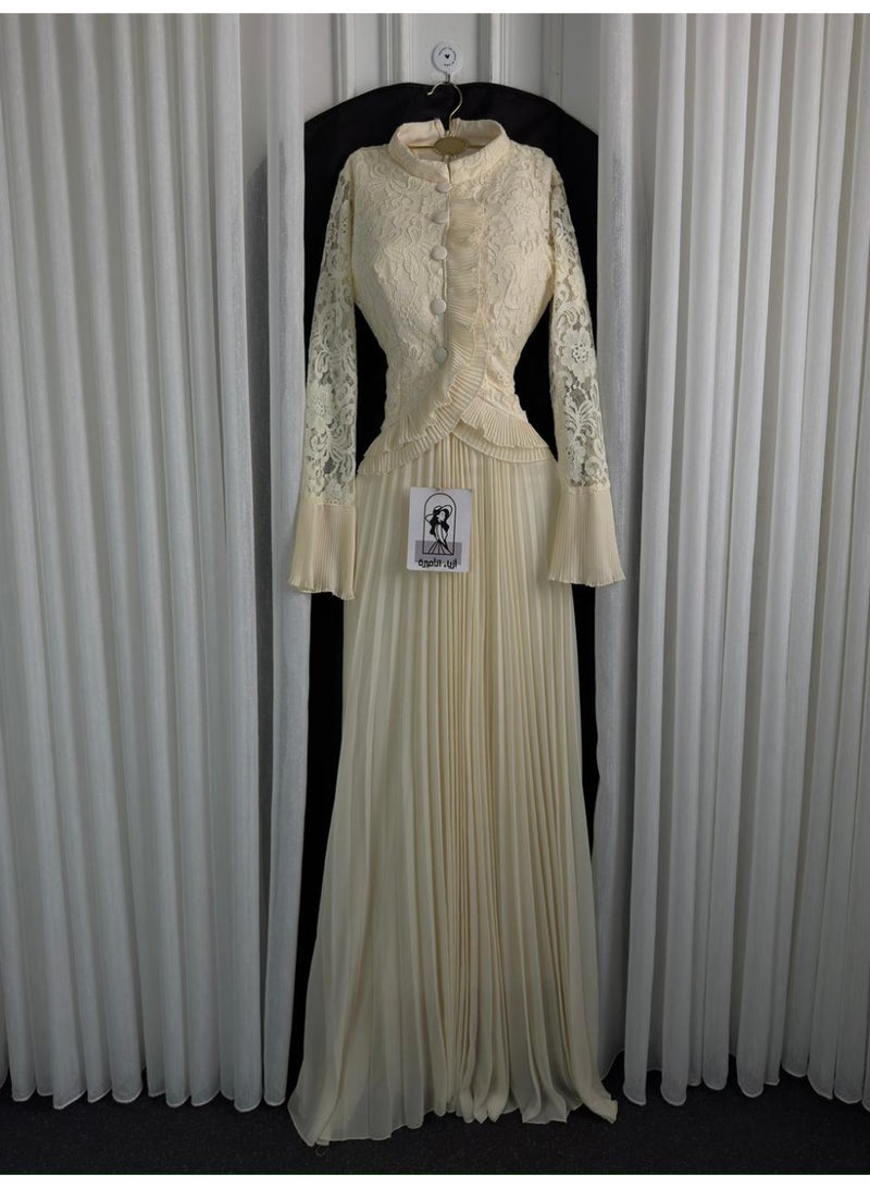 Cutie Women's Pleated Maxi Evening Dress with Lace Sleeves and Ruffle Waist Detail - Off-White - Image 3